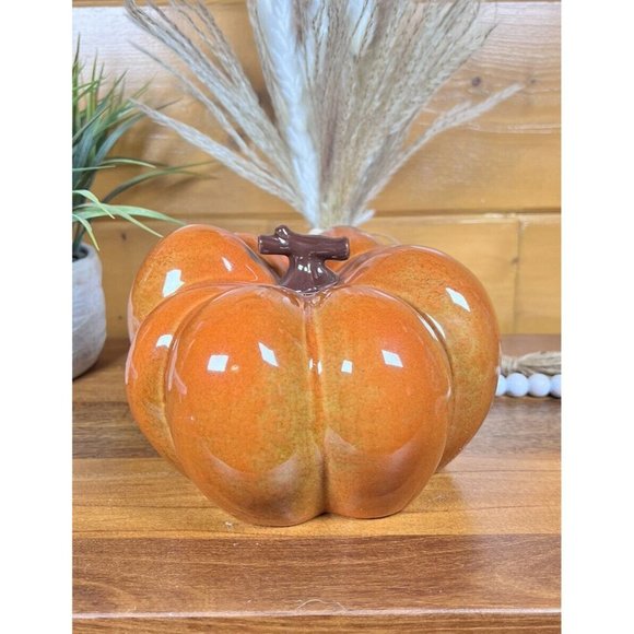 New CERAMIC PUMPKIN 8" Glazed Golden Orange with Brown Stem Fall Decor #4141 - Picture 6 of 9